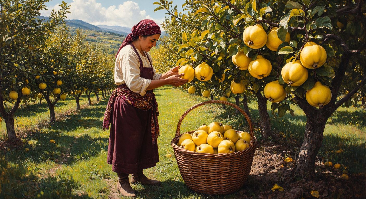 A sunlit orchard in Sakarya’s Geyve district, with golden quinces hanging from leafy branches, a farmer in traditional Turkish clothing gently picking the fruit, and a woven basket filled with ripe quinces at their feet.