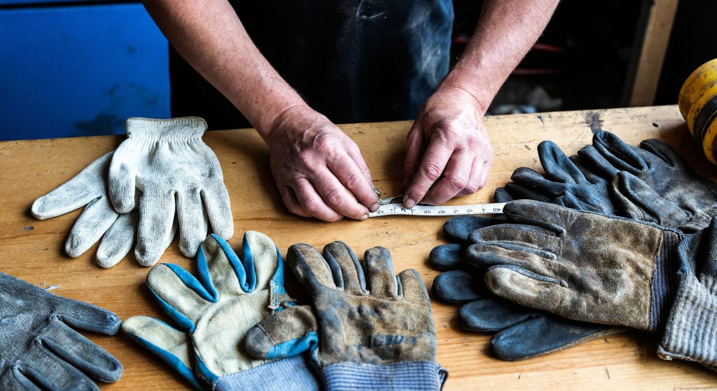 A rugged worker’s calloused hands carefully measuring their palm with a flexible tape, surrounded by various-sized work gloves on a wooden workshop table in Turkey.