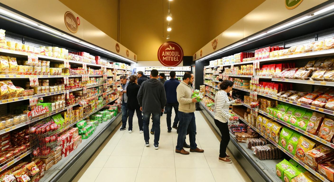 A bustling Turkish supermarket aisle with shelves stocked full of colorful packaged goods labeled "Anadolu Mutfağı," while shoppers in casual attire browse the products under warm lighting.