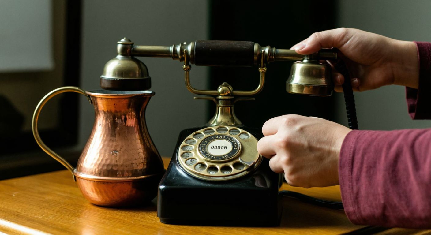 A person in Düzce holding a traditional Turkish copper coffee pot while dialing an old rotary phone with the number "0380" faintly glowing on its surface.