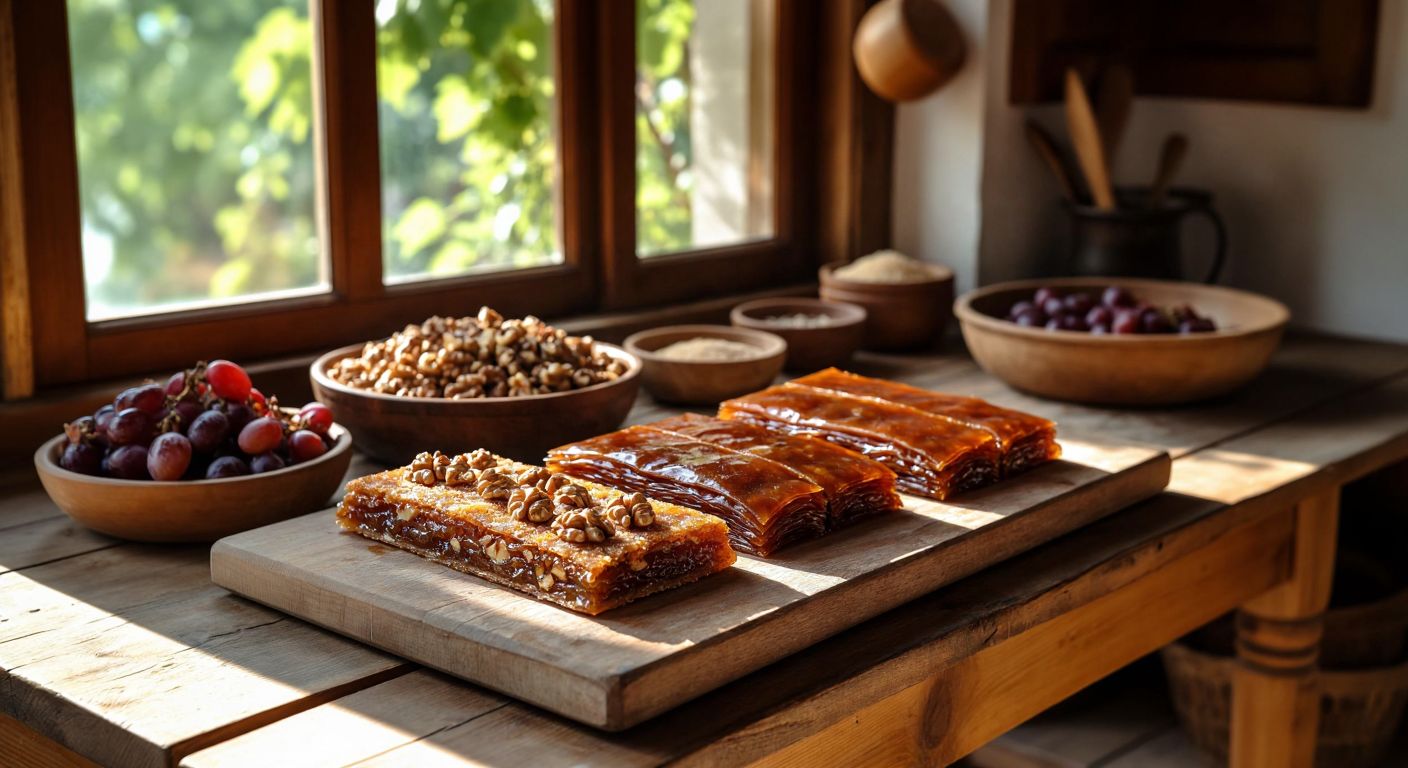 A rustic wooden table in a sunlit Turkish kitchen displays two distinct treats—golden-brown köftür slices dusted with walnuts next to thin, glossy sheets of üzüm pestili, both radiating warmth and tradition.