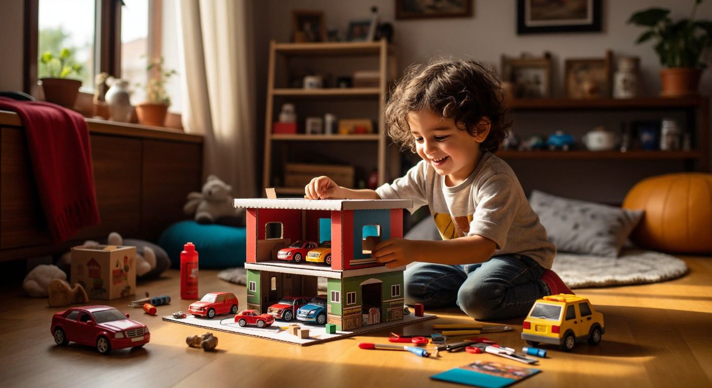 A smiling child in a cozy Turkish home carefully assembles a colorful cardboard garage with toy cars nearby, surrounded by scattered craft supplies like scissors and glue.