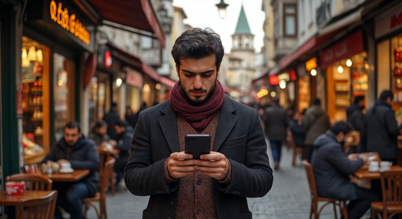 A person in Turkey holding a smartphone with a focused expression, standing near a bustling street café where others sip çay from tulip-shaped glasses.  

(Note: The description avoids depicting the phone's screen, numbers, or any text, while evoking a relatable Turkish setting.)