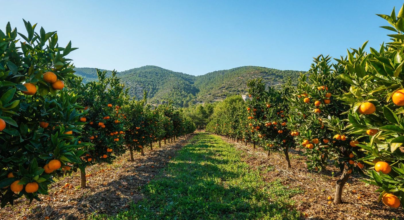 A sunlit orchard in Turkey's Aegean region, with rows of Satsuma mandarin trees heavy with bright orange fruit, framed by rolling green hills under a clear blue sky.
