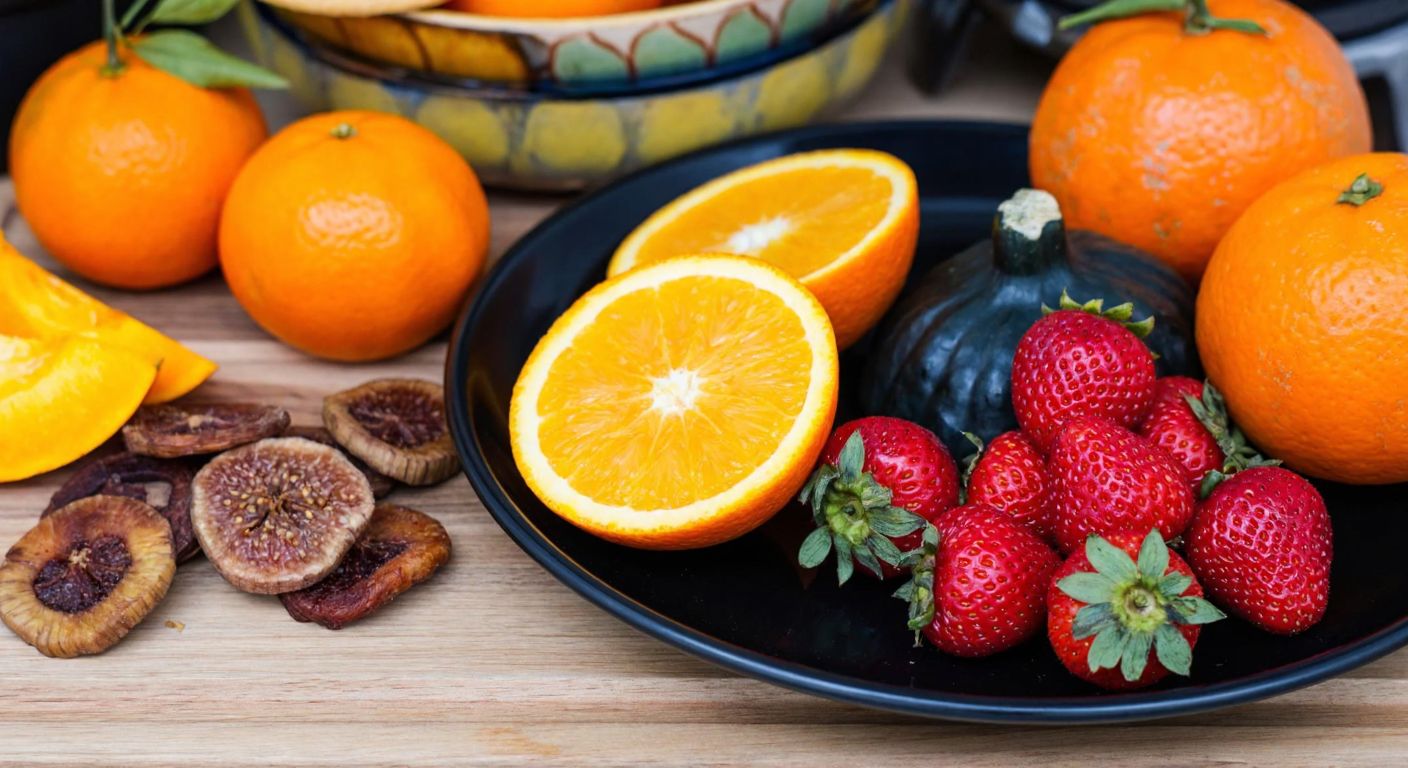 A vibrant wooden table in a Turkish kitchen displays fresh oranges, tangerines, strawberries, a sliced pumpkin, and dried figs arranged neatly on a ceramic plate.