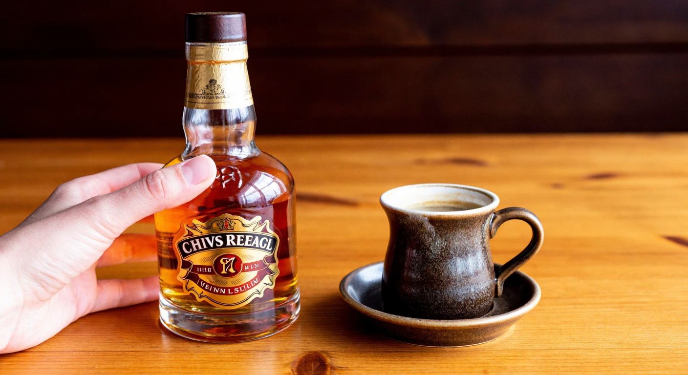 A hand holding two distinct whiskey glasses—one filled with amber Chivas Regal beside a rustic Turkish coffee cup, symbolizing confusion between names, against a warm wooden table backdrop.