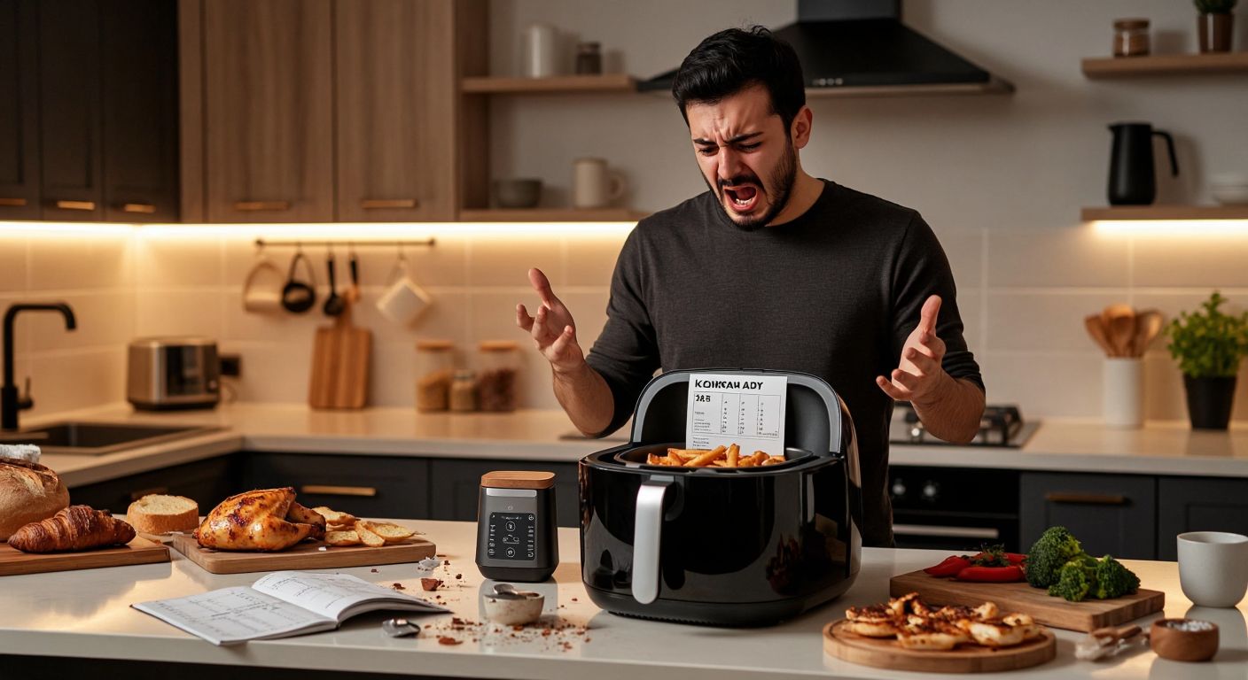 A frustrated Turkish customer in a modern kitchen holds a Korkmaz airfryer with a damaged label, surrounded by scattered accessories and a calendar page torn at the 14th day.