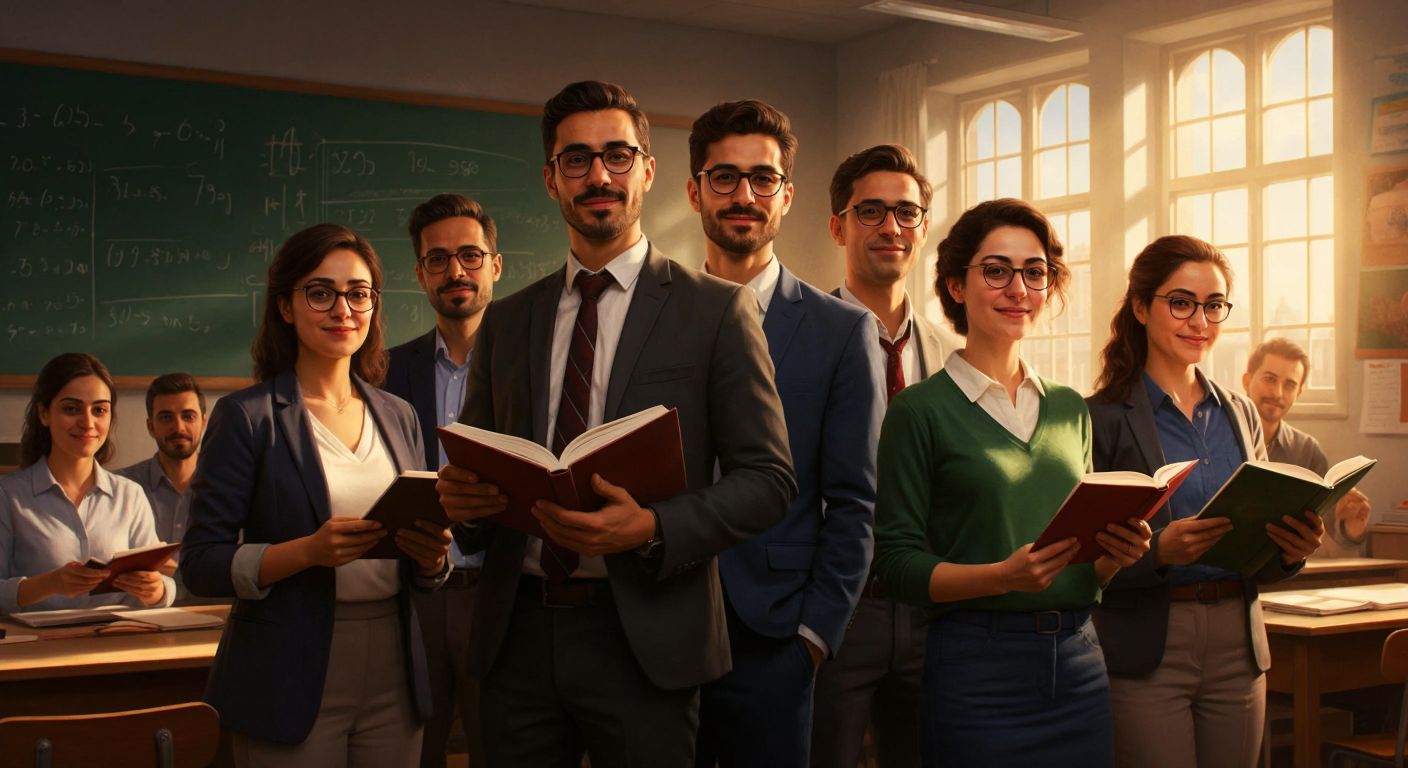 A group of diverse Turkish mathematics teachers, some wearing glasses and holding books, stand together in a sunlit classroom with chalkboards covered in equations behind them, exuding a sense of collaboration and intellectual energy.