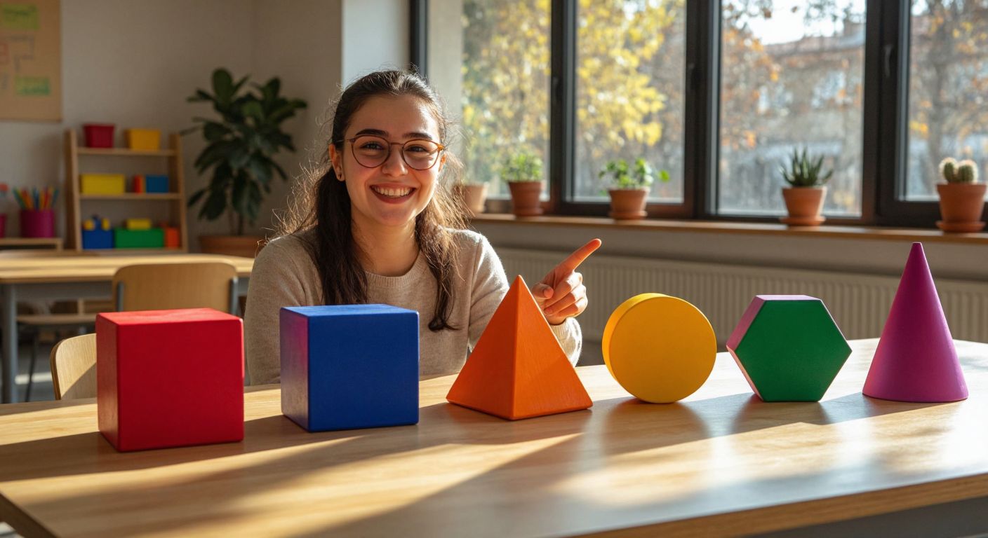 A vibrant wooden table in a sunlit Turkish classroom displays seven colorful geometric shapes—a red square, a blue triangle, a green rectangle, a yellow circle, an orange trapezoid, a purple cube, and a pink cone—arranged neatly with a smiling teacher pointing at them.