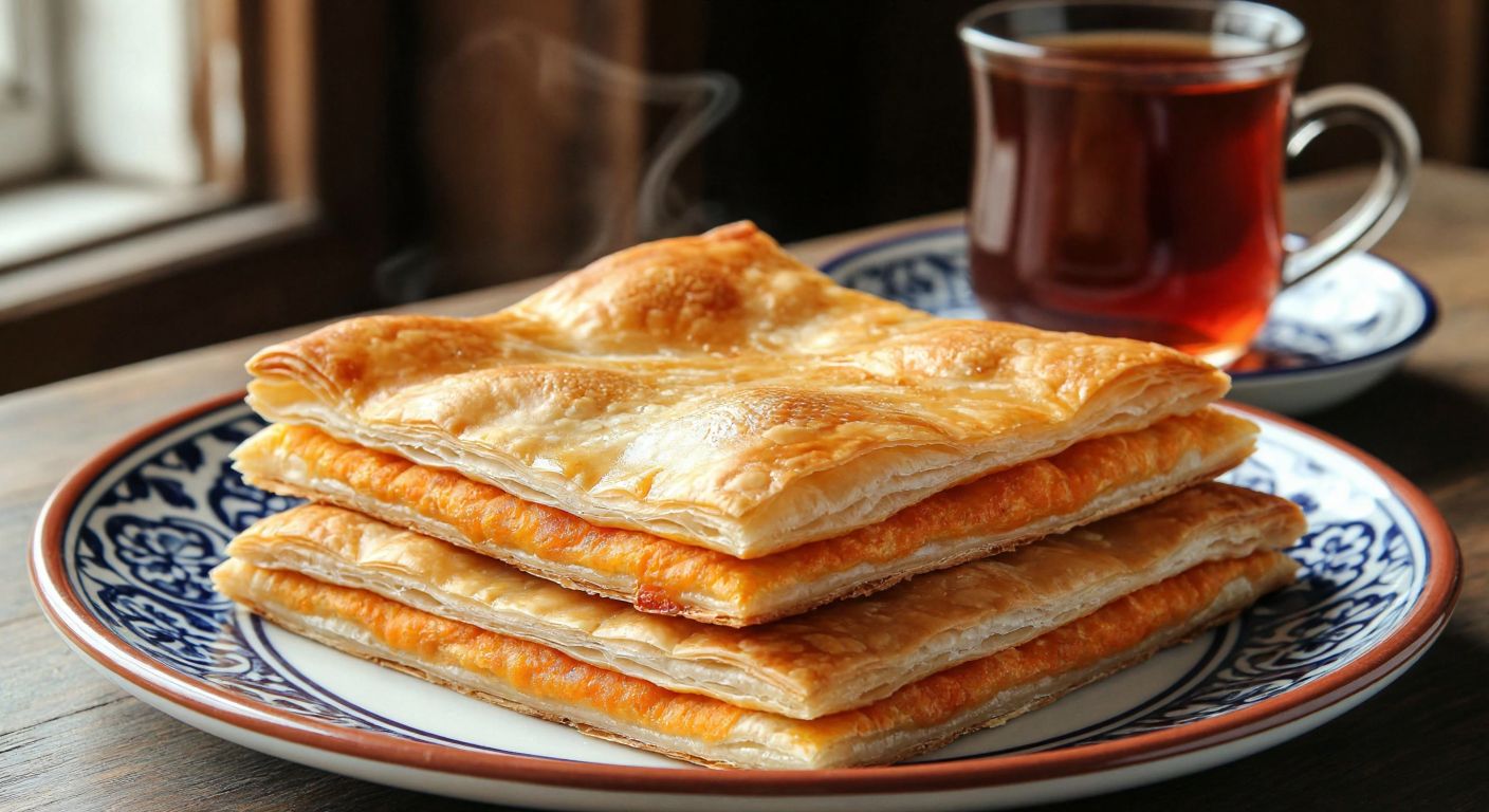 A golden, flaky Nemse böreği with three distinct layers, resting on a traditional Turkish ceramic plate beside a steaming cup of çay, evoking warmth and homemade comfort.