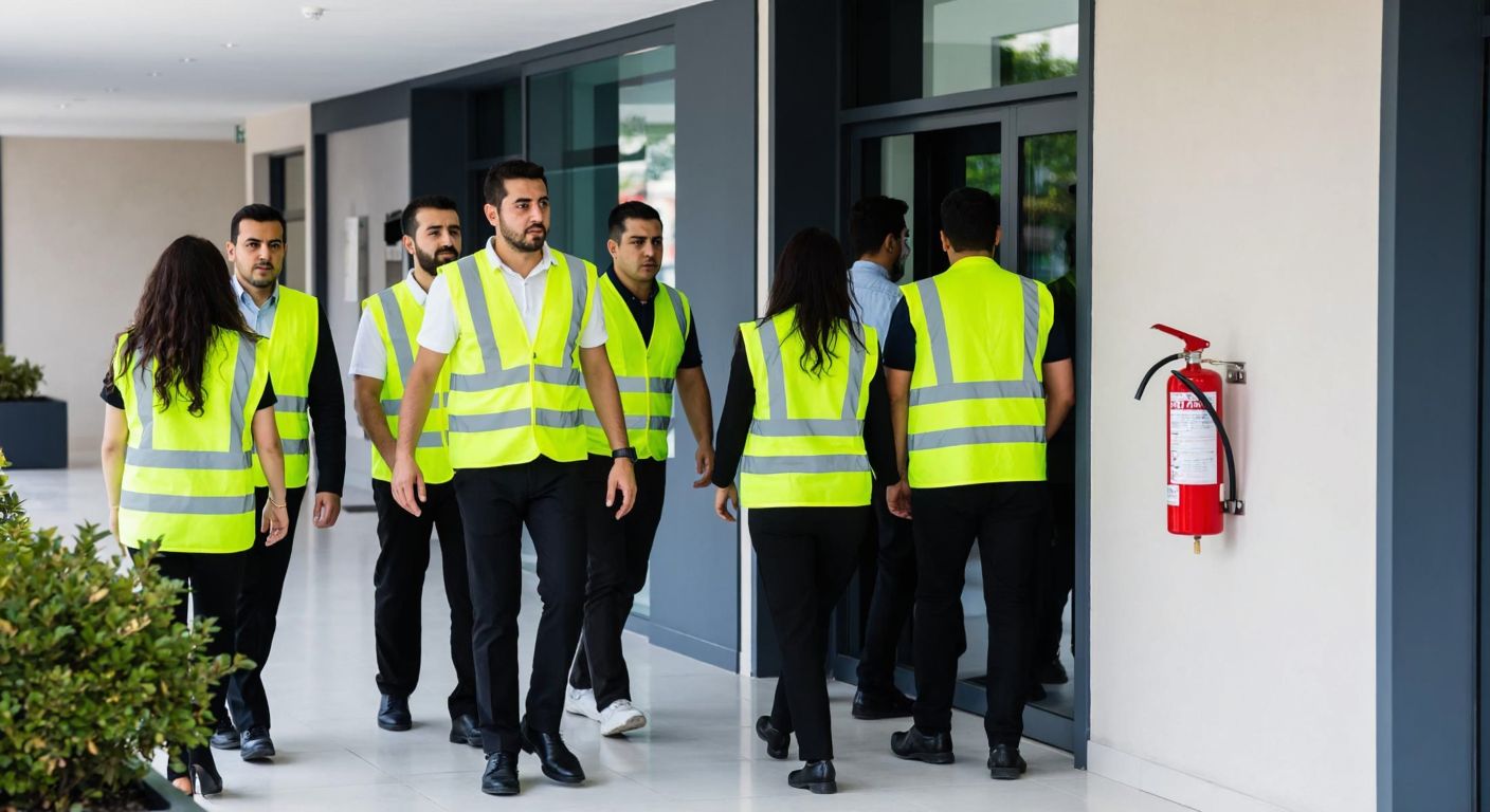 A group of Turkish office workers in safety vests calmly evacuating a modern office building during a fire drill, with a fire extinguisher mounted on the wall nearby.