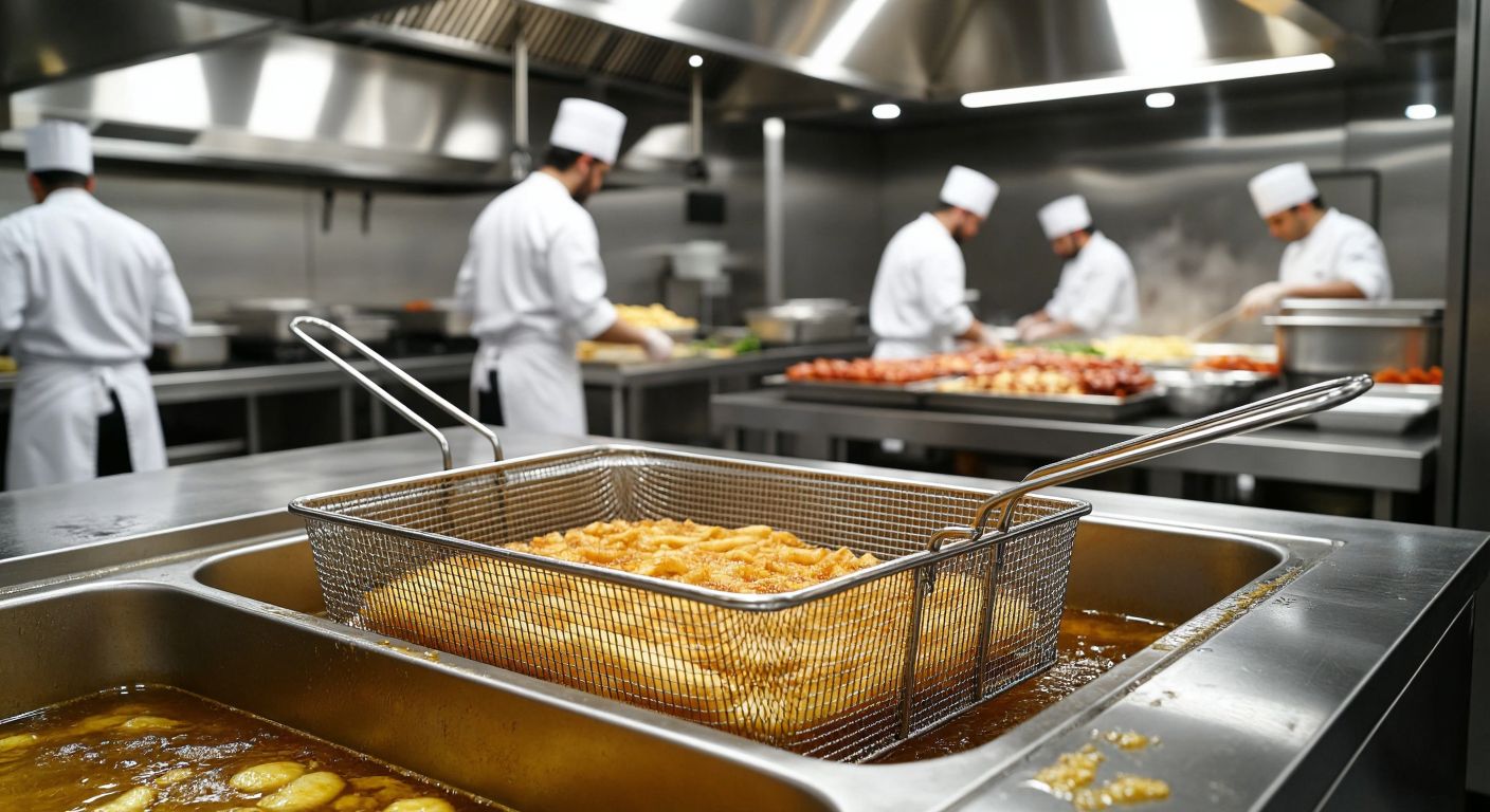 A sturdy stainless steel fryer basket sits inside a large industrial deep fryer, surrounded by golden frying oil and a bustling commercial kitchen with chefs in white uniforms preparing Turkish dishes.