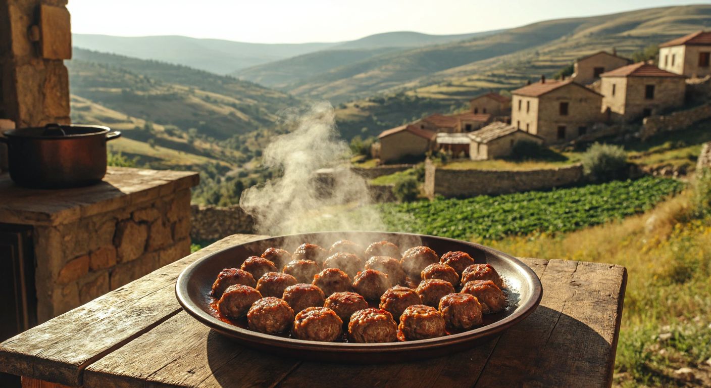 A steaming plate of **tükürük köftesi** (small, golden-brown meatballs) sits on a rustic wooden table in a sunlit Adıyaman kitchen, with a backdrop of rolling hills and traditional stone houses.