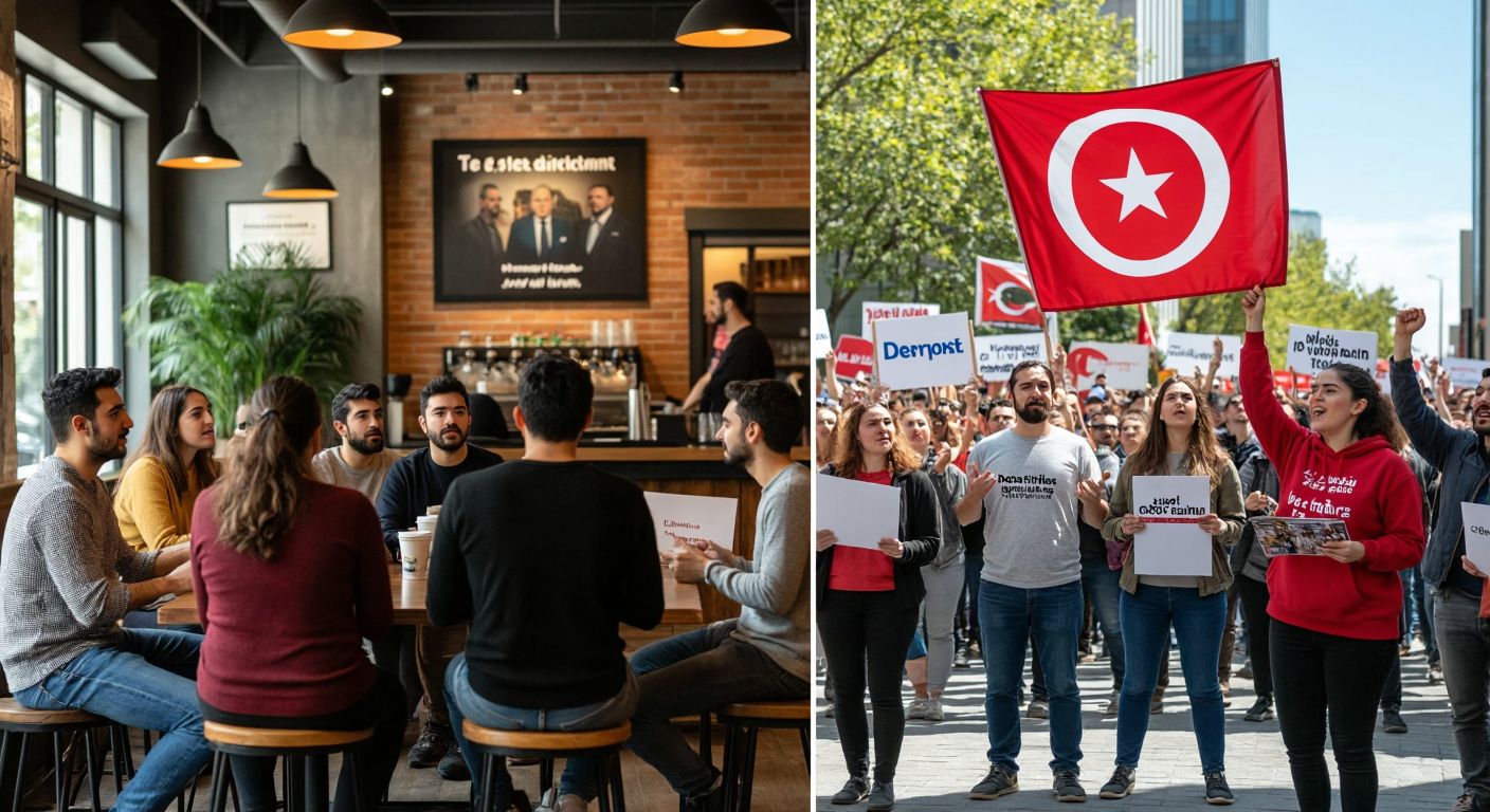 A split image showing two contrasting scenes: on the left, a diverse group of people in casual attire debating in a relaxed café setting (representing liberals), and on the right, a structured political rally with attendees holding unified signs under a large banner (representing Democrats).  

(Note: The description avoids text, symbols, and technology while capturing the essence of individualism vs. collective political identity. Since the query references the U.S. context, Turkish elements are not included.)
