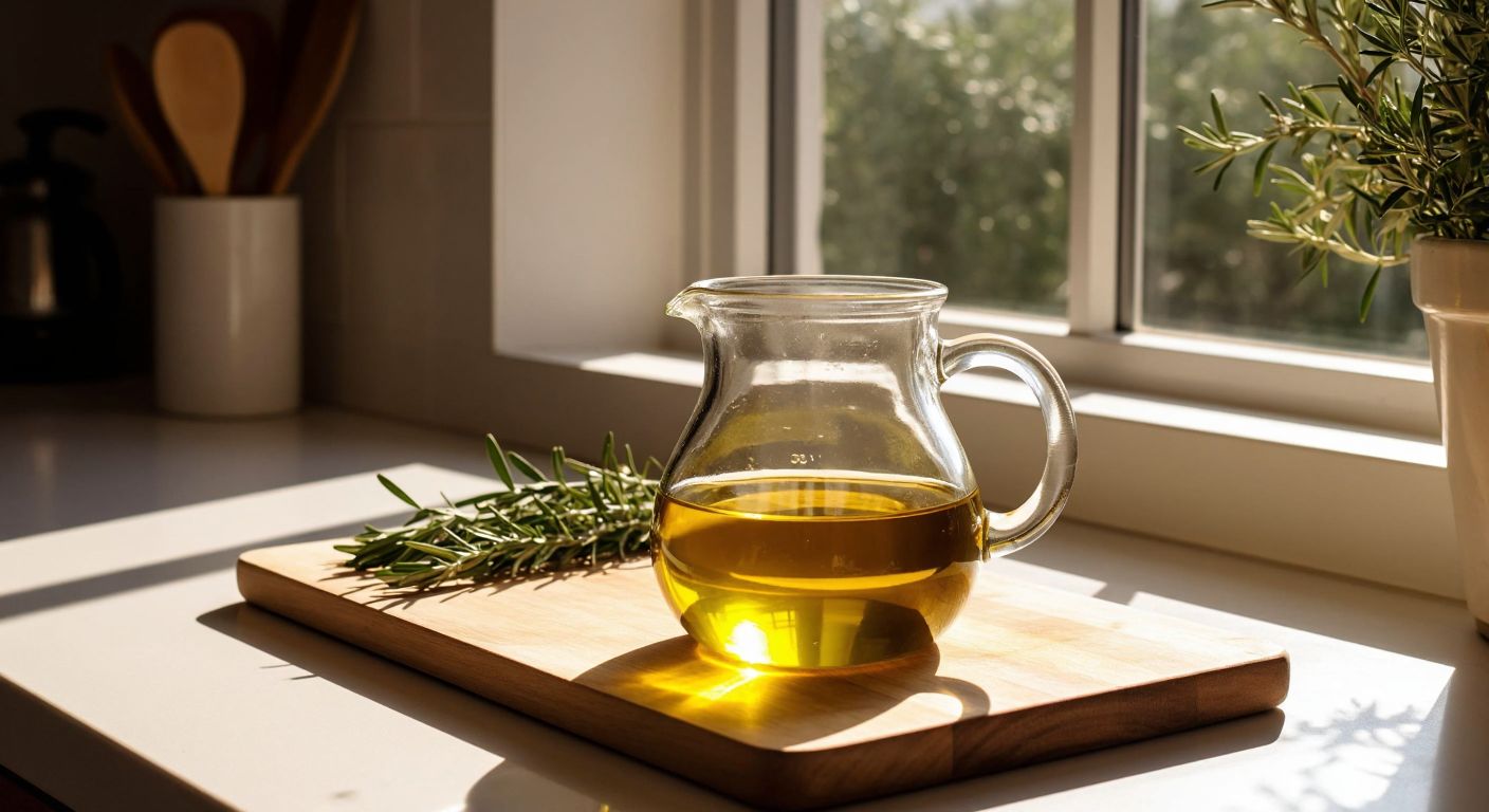 A Turkish kitchen counter with a clear glass measuring cup filled halfway with golden olive oil, sunlight streaming through a window onto a wooden cutting board beside it.