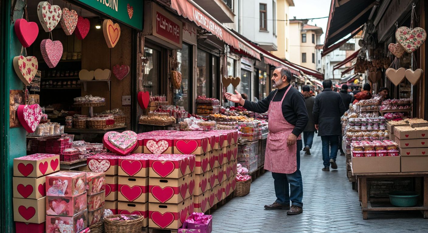A bustling Turkish marketplace with colorful stacks of heart-shaped cardboard boxes in various sizes, a vendor in a traditional apron gesturing toward them, and customers examining the products with curiosity.