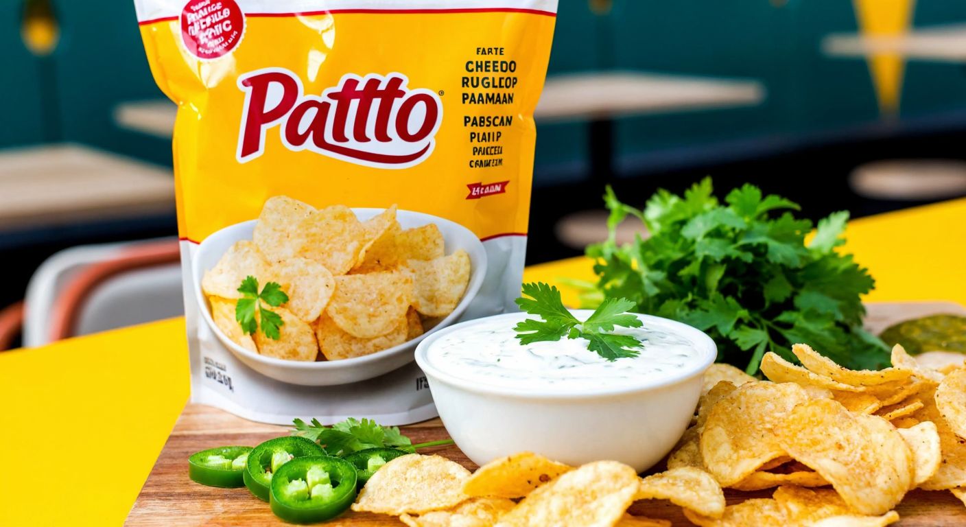 A vibrant table in a Turkish café displays an open bag of Patito chips with scattered ranch & jalapeno, parmesan, and yogurt & herb flavored chips, alongside a small bowl of creamy yogurt and fresh parsley garnish.