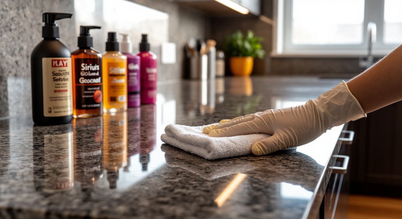 A close-up of a smooth, gleaming granite countertop in a Turkish kitchen, reflecting light with bottles of polish (Elkay, Sirius, Goddards, Weiman) neatly arranged beside it, while a hand in a rubber glove gently wipes the surface with a soft cloth.