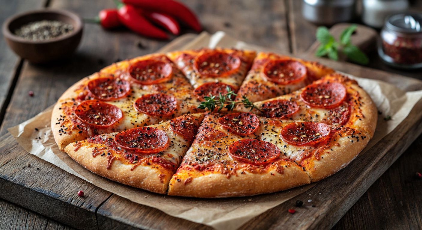 A golden-brown pizza cracker sprinkled with vibrant red sweet paprika, black pepper, thyme, cumin, and mint, topped with a dusting of poppy and nigella seeds, resting on a rustic wooden table in a Turkish kitchen.