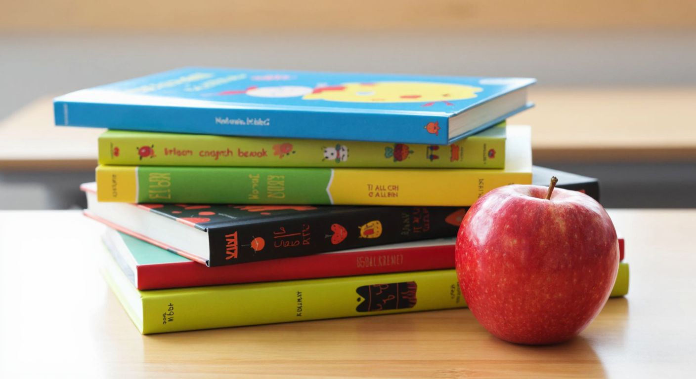 A colorful stack of children's books with playful illustrations, ranging from simple picture books for preschoolers to thicker textbooks for teenagers, placed on a wooden classroom desk in Turkey with a bright red apple beside them.