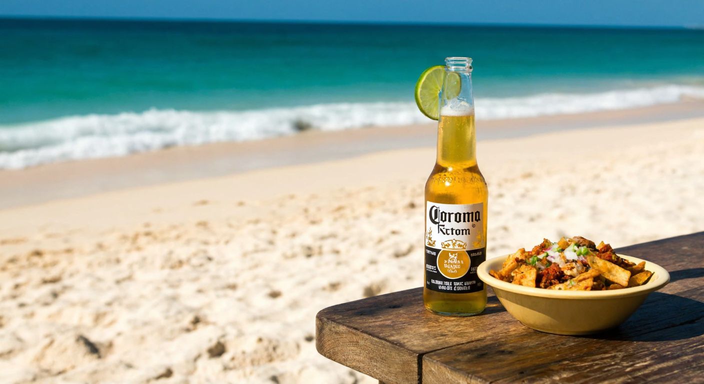 A sunny Mexican beach with golden sand, where a cold bottle of Corona beer topped with a lime wedge sits on a rustic wooden table beside a bowl of spicy snacks, with turquoise waves gently rolling in the background.