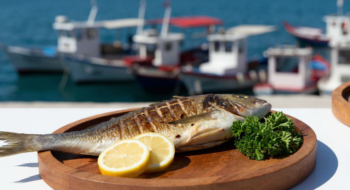 A freshly grilled sinarit fish on a rustic wooden platter, garnished with lemon slices and parsley, set against a backdrop of a bustling Turkish seaside restaurant with blue waters and fishing boats.