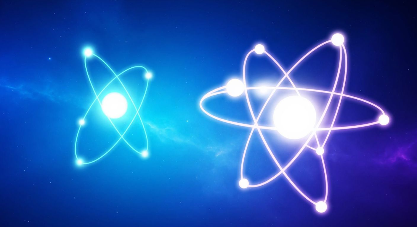 Two glowing atoms connected by a shimmering bond, sharing orbiting electrons in a vibrant molecular dance against a deep blue cosmic backdrop.