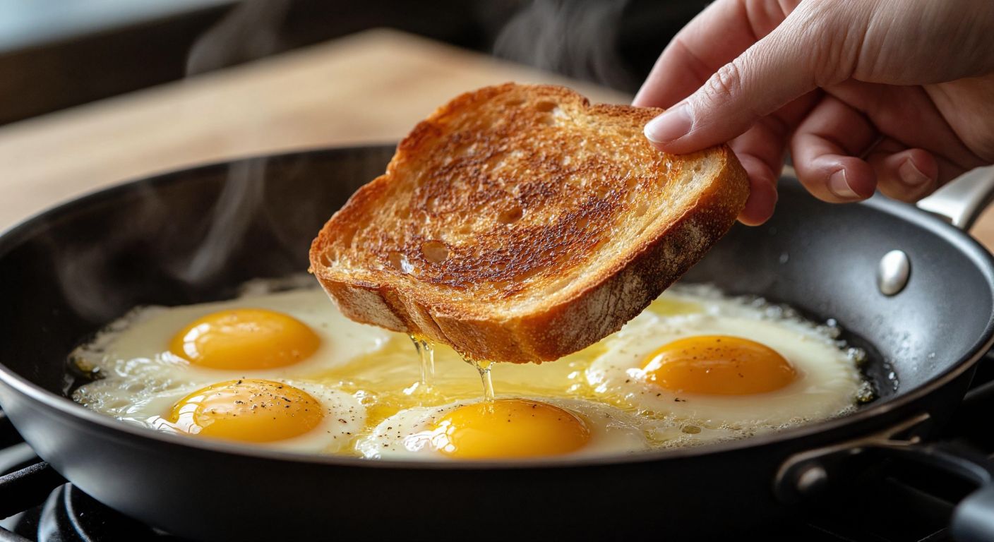 A golden-brown slice of stale bread dipped in a bowl of beaten eggs, sizzling gently in a warm pan with just the right amount of oil, while a hand carefully flips it to prevent crumbling.