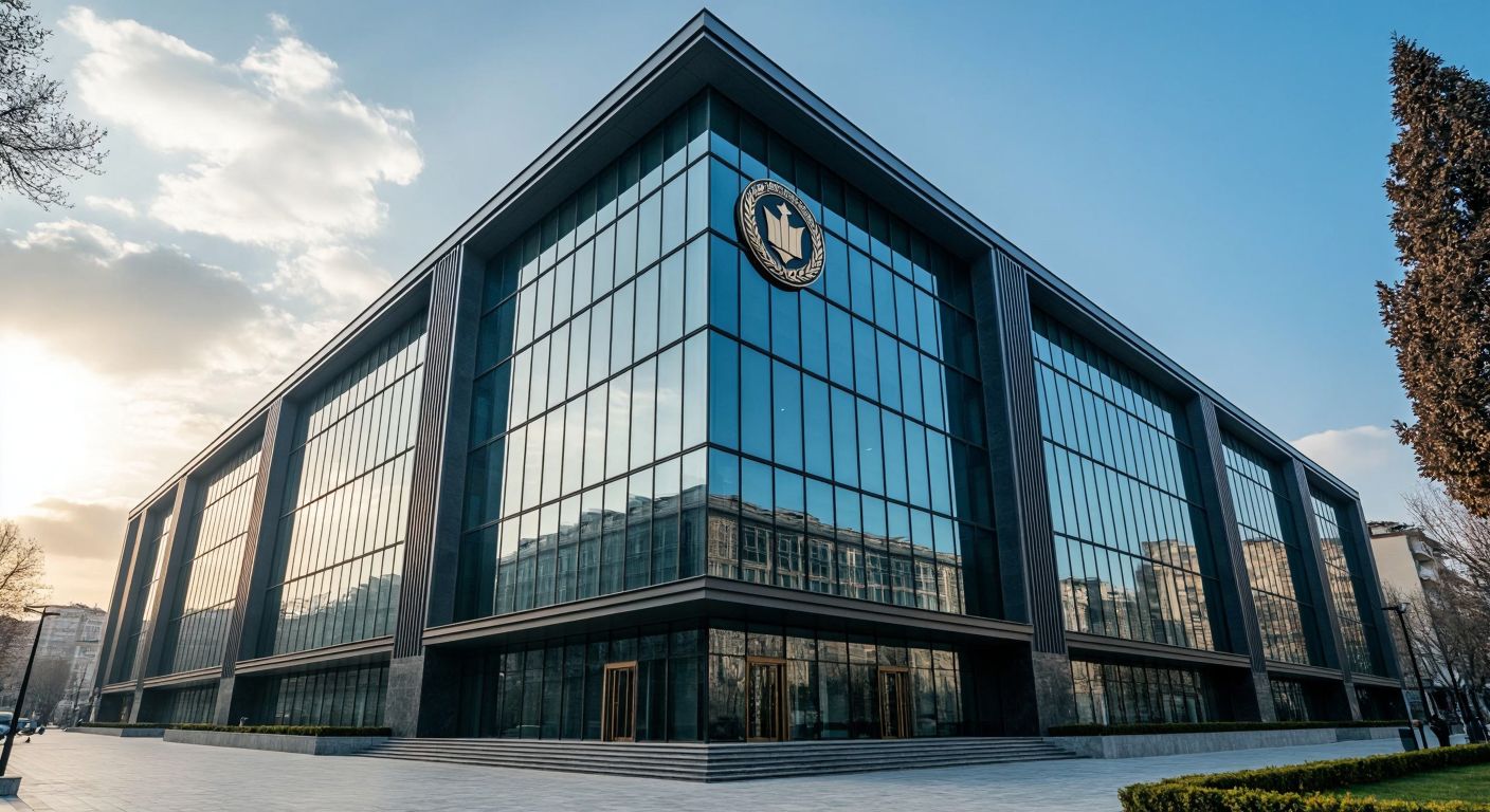A grand, modern glass-and-steel building in Istanbul, representing Borsa İstanbul, with the Turkish Wealth Fund's emblem subtly displayed on its facade, symbolizing ownership and financial authority.