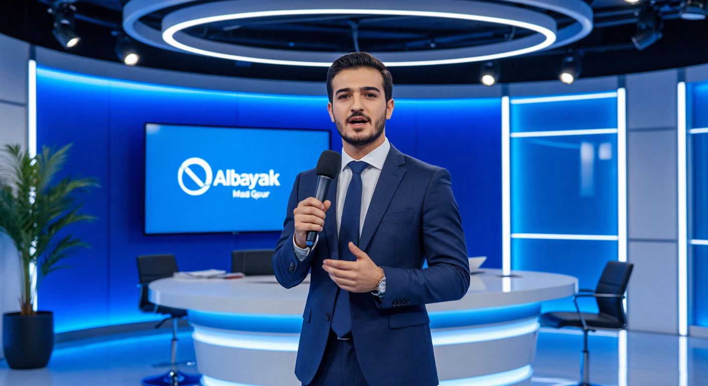 A modern news studio in Turkey with a sleek blue-lit backdrop, a suited news anchor speaking confidently into a microphone, and the Albayrak Medya Group logo subtly displayed on a monitor in the background.