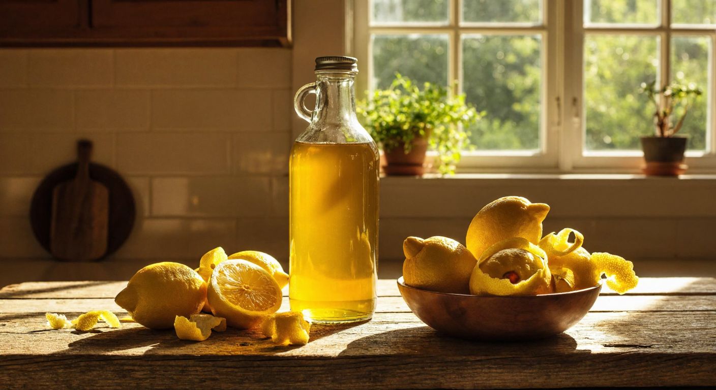 A glass bottle of golden lemon vinegar sits on a rustic wooden table next to fresh lemons and a small bowl of fermenting lemon peels, with warm sunlight streaming through a kitchen window.