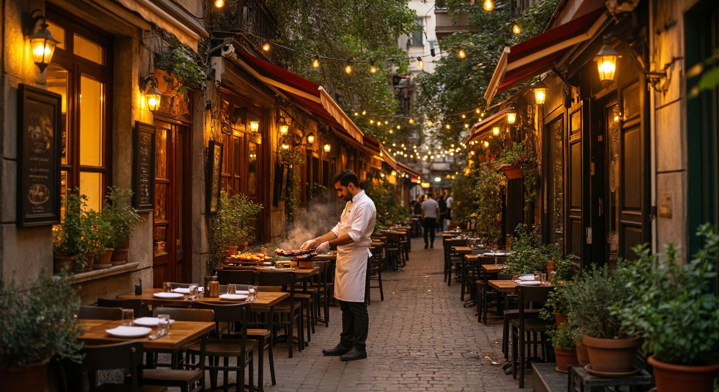 A cozy, warmly lit restaurant with a rustic wooden facade on a narrow Istanbul street, surrounded by potted plants and outdoor seating, where a waiter in a crisp white apron serves sizzling grilled meats to smiling patrons under string lights.