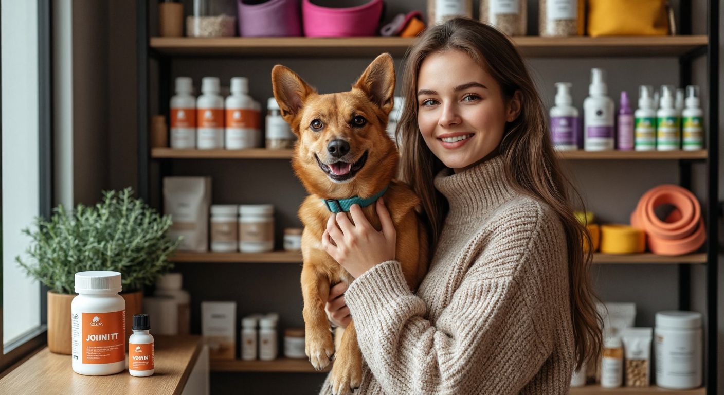 A stylish Latvian woman in a cozy sweater holds a playful dog while standing near a shelf displaying colorful pet accessories, with a small bottle of joint supplements placed beside them.