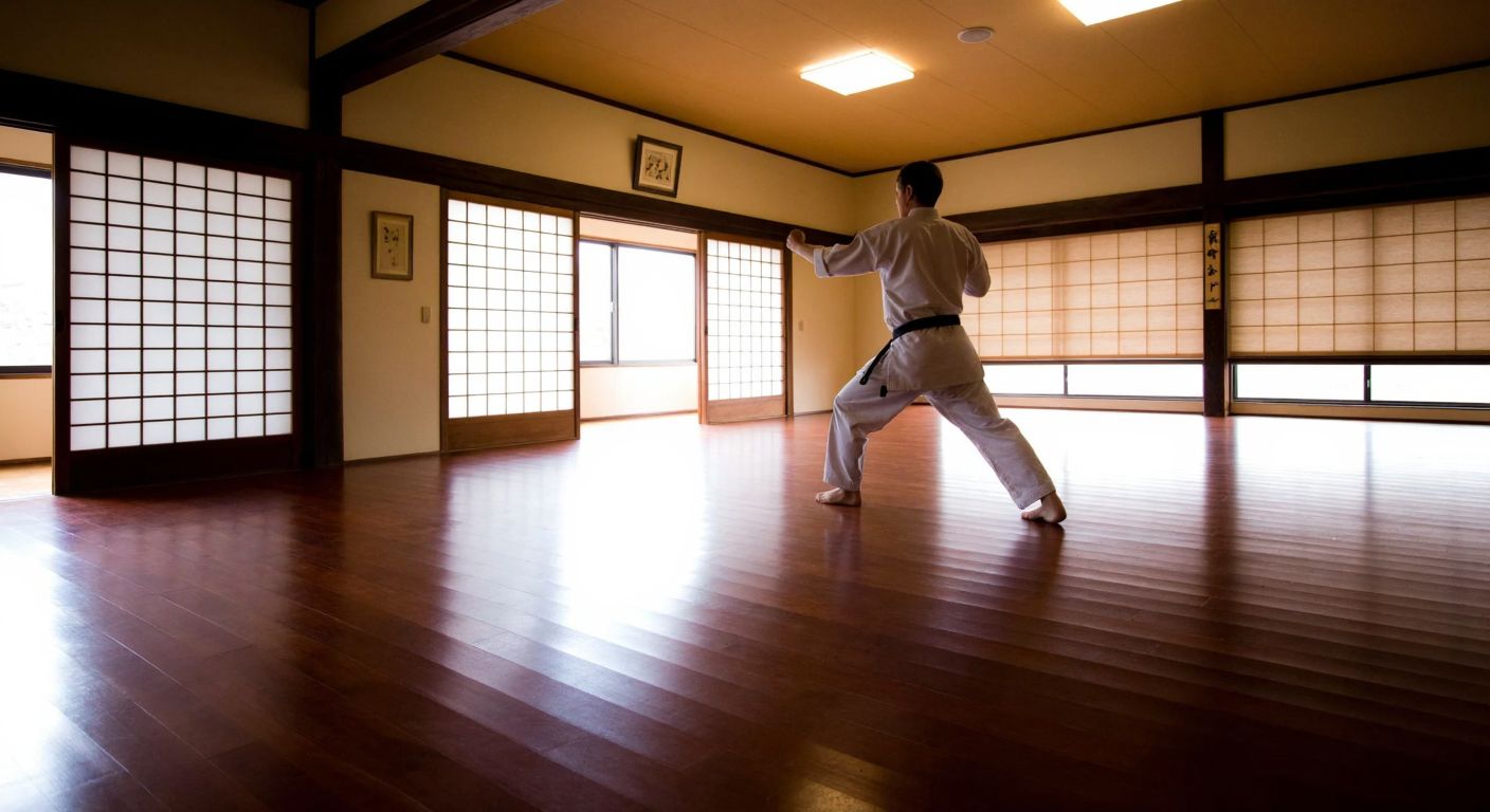 A serene Japanese dojo with polished wooden floors, where a martial artist in a white gi practices precise karate moves under soft natural light filtering through paper screens.