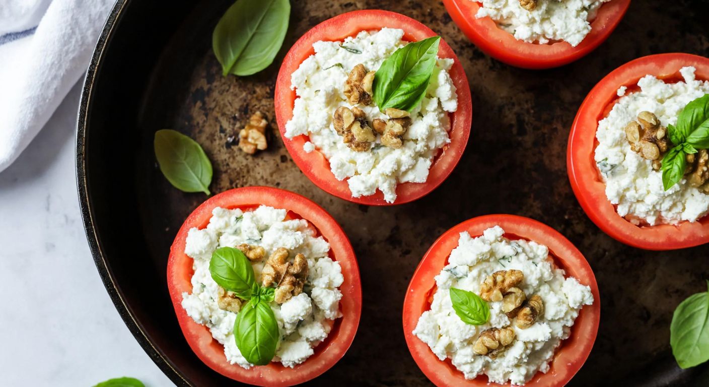 A rustic Turkish kitchen counter with four hollowed-out tomatoes filled with a creamy mixture of crumbled white cheese, labneh, and walnuts, garnished with fresh basil leaves, ready to be placed in an air fryer.