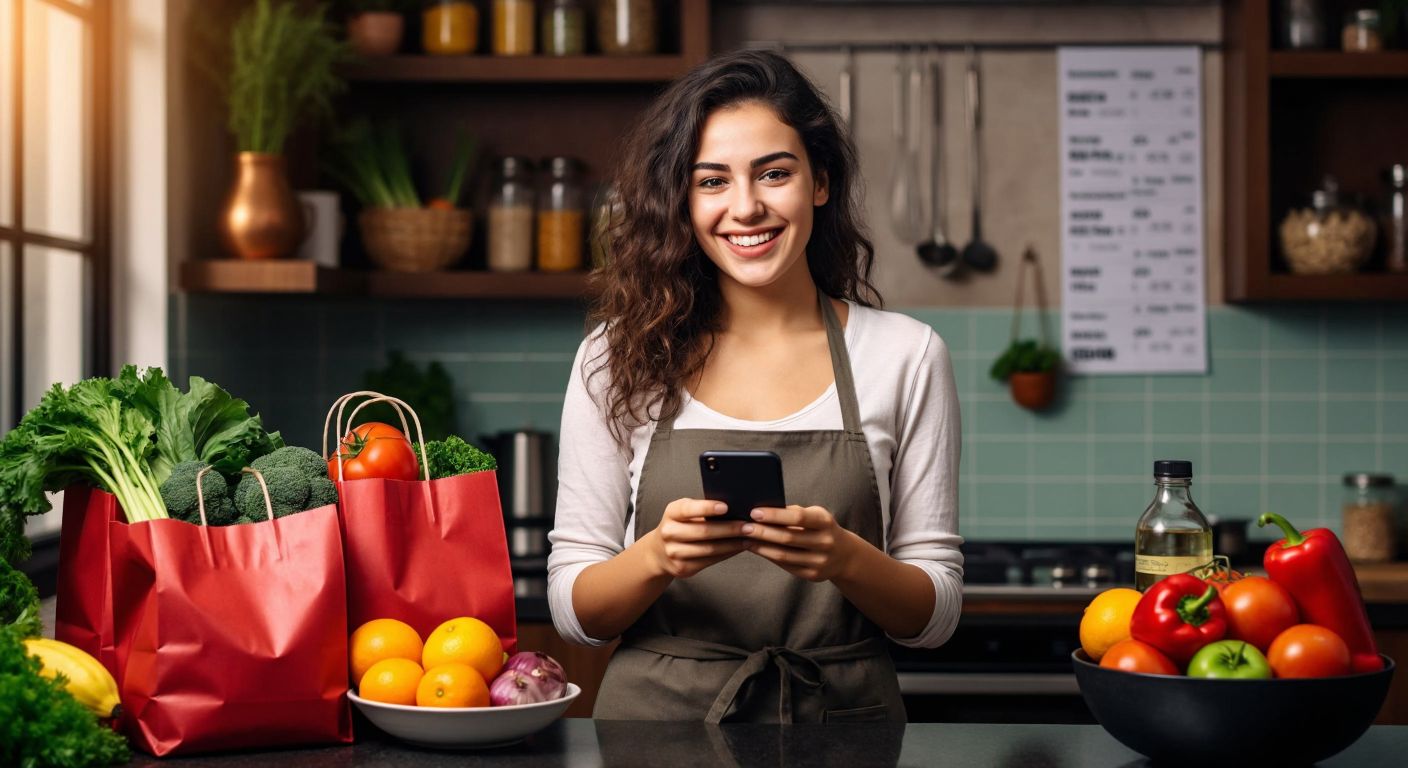 A young Turkish woman in a modern kitchen smiles while holding a smartphone, surrounded by colorful grocery bags filled with fresh produce and a receipt showing a discount.