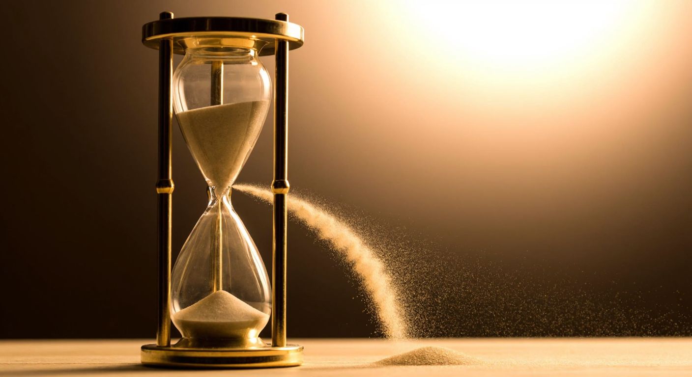 A golden hourglass with fine sand flowing rapidly, splitting into countless tiny grains against a warm, sunlit backdrop.