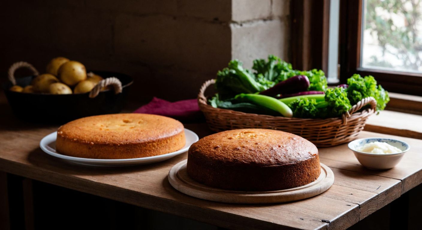 A rustic wooden table in a cozy Turkish kitchen holds a freshly baked loaf of bread, a moist golden cake, and a basket of crisp winter vegetables, with a small bowl of water nearby reflecting soft light.