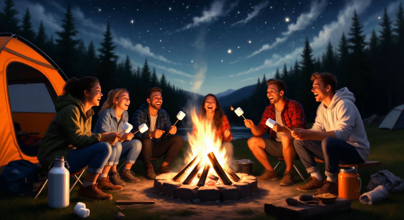 A group of people with joyful expressions roasting fluffy white marshmallows over a crackling campfire under a starry night sky, surrounded by a forest and camping gear.