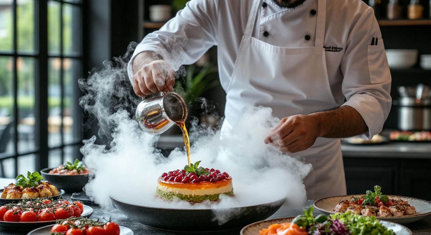 A Turkish chef in a white apron carefully pours liquid nitrogen over a colorful dessert, creating swirling white mist that envelops a table set with fresh, vibrant dishes.