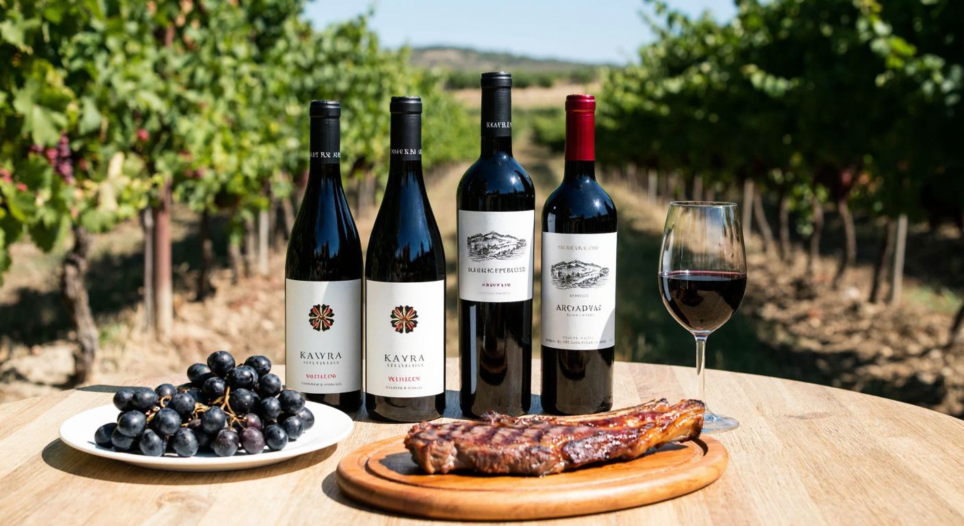 A rustic wooden table in a sunlit Turkish vineyard, set with uncorked bottles of red wine—Kayra Vintage, Kavaklıdere Prestige, Doluca Sarafin, Suvla Syrah, and Arcadia’s Finesse—each casting a deep ruby glow, surrounded by clusters of dark grapes and a plate of grilled lamb.