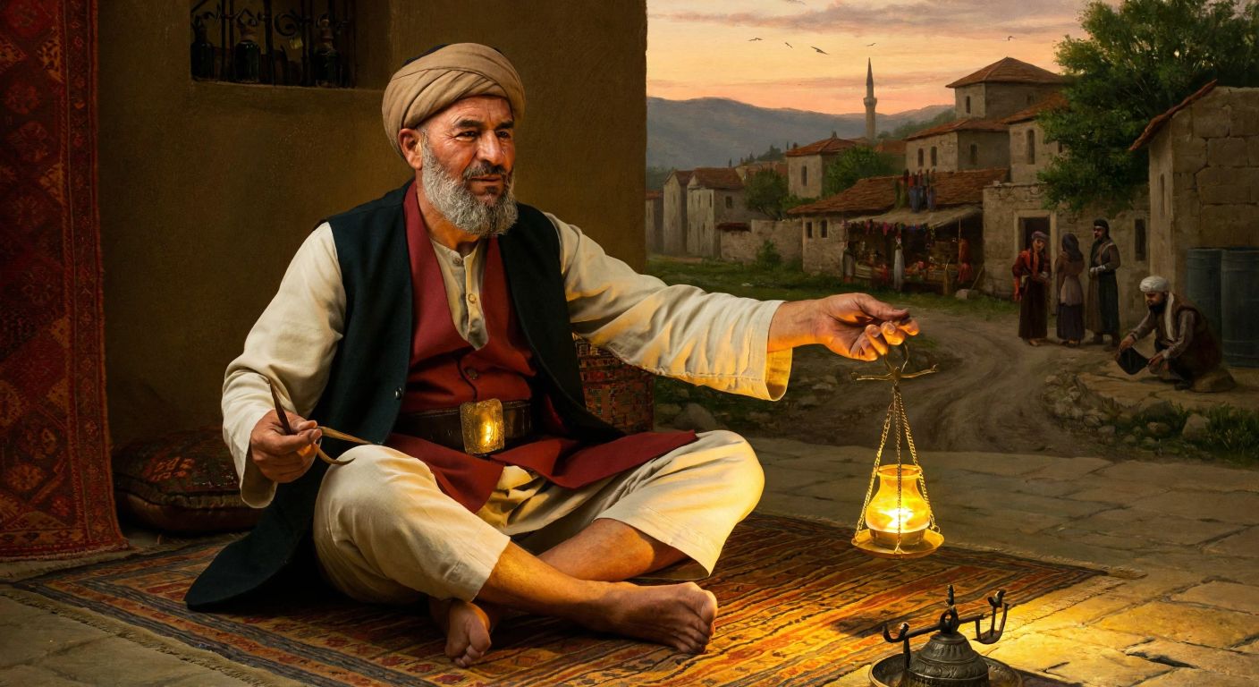 A wise elderly Turkish man in traditional attire sits cross-legged on a woven rug, holding a set of balanced scales in one hand and a glowing lantern in the other, with a warm Anatolian village scene in the background.