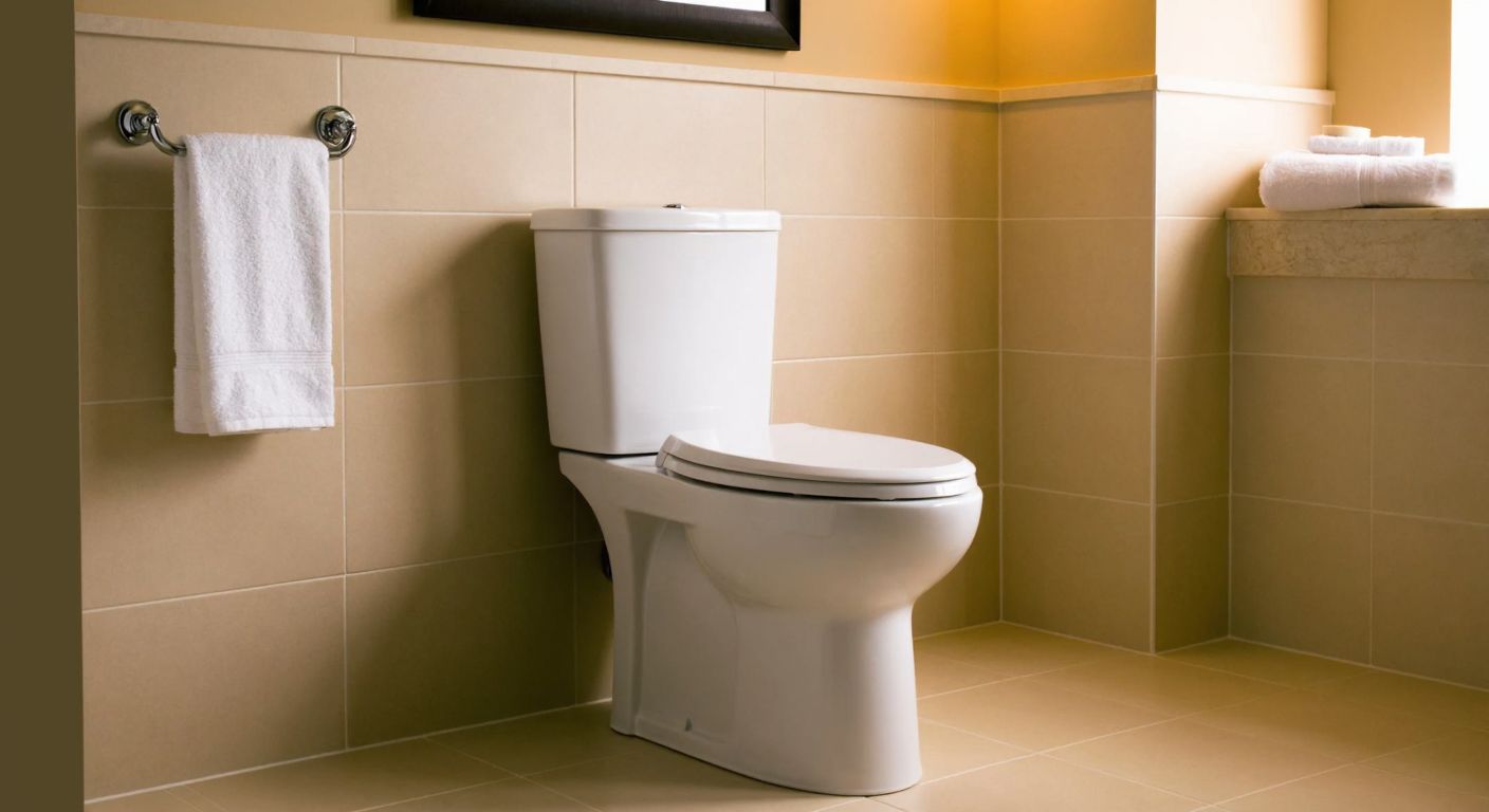 A modern white toilet with a sleek Euroser Karmen reservoir set installed, placed in a clean, tiled Turkish bathroom with warm lighting and a neatly folded hand towel nearby.