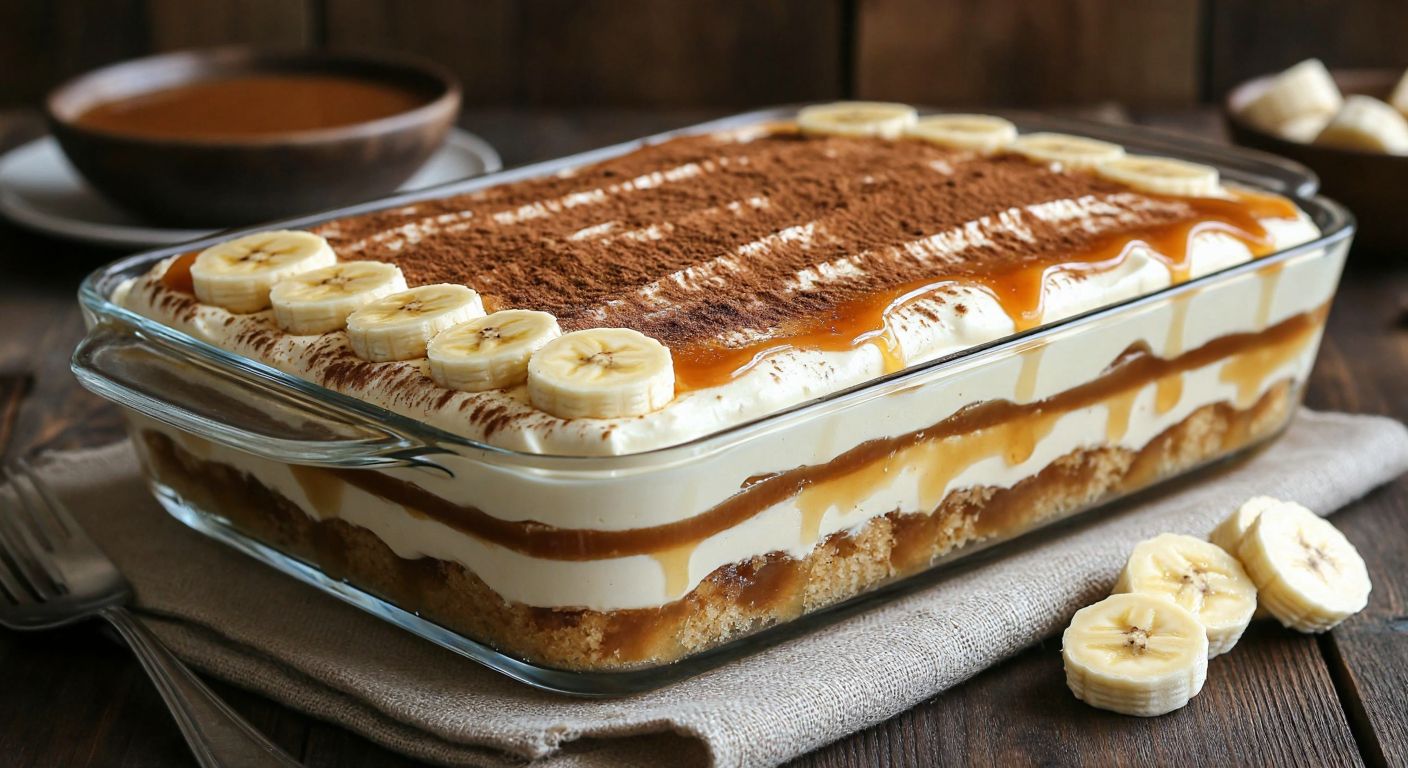 A large glass baking dish filled with layers of creamy *yalancı tavuk göğsü* topped with cinnamon, surrounded by slices of *karamelli etimek tatlısı* drizzled with caramel, and a portion of *muzlu çikolatalı magnolia* garnished with banana slices, all placed on a rustic wooden table with a warm, inviting glow.