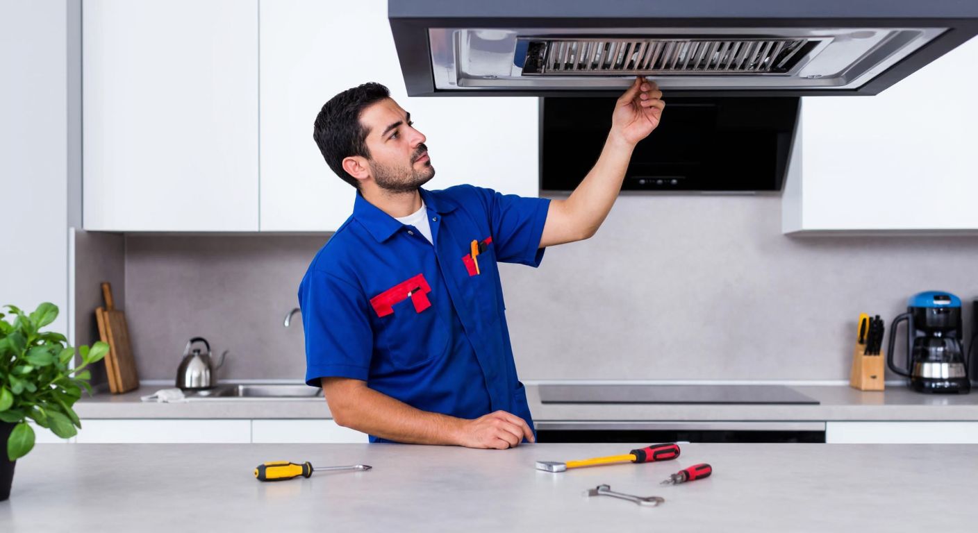 A Turkish handyman in a blue work uniform carefully installing a ceiling-mounted exhaust fan in a modern kitchen, with tools scattered on a countertop and a focused expression on his face.