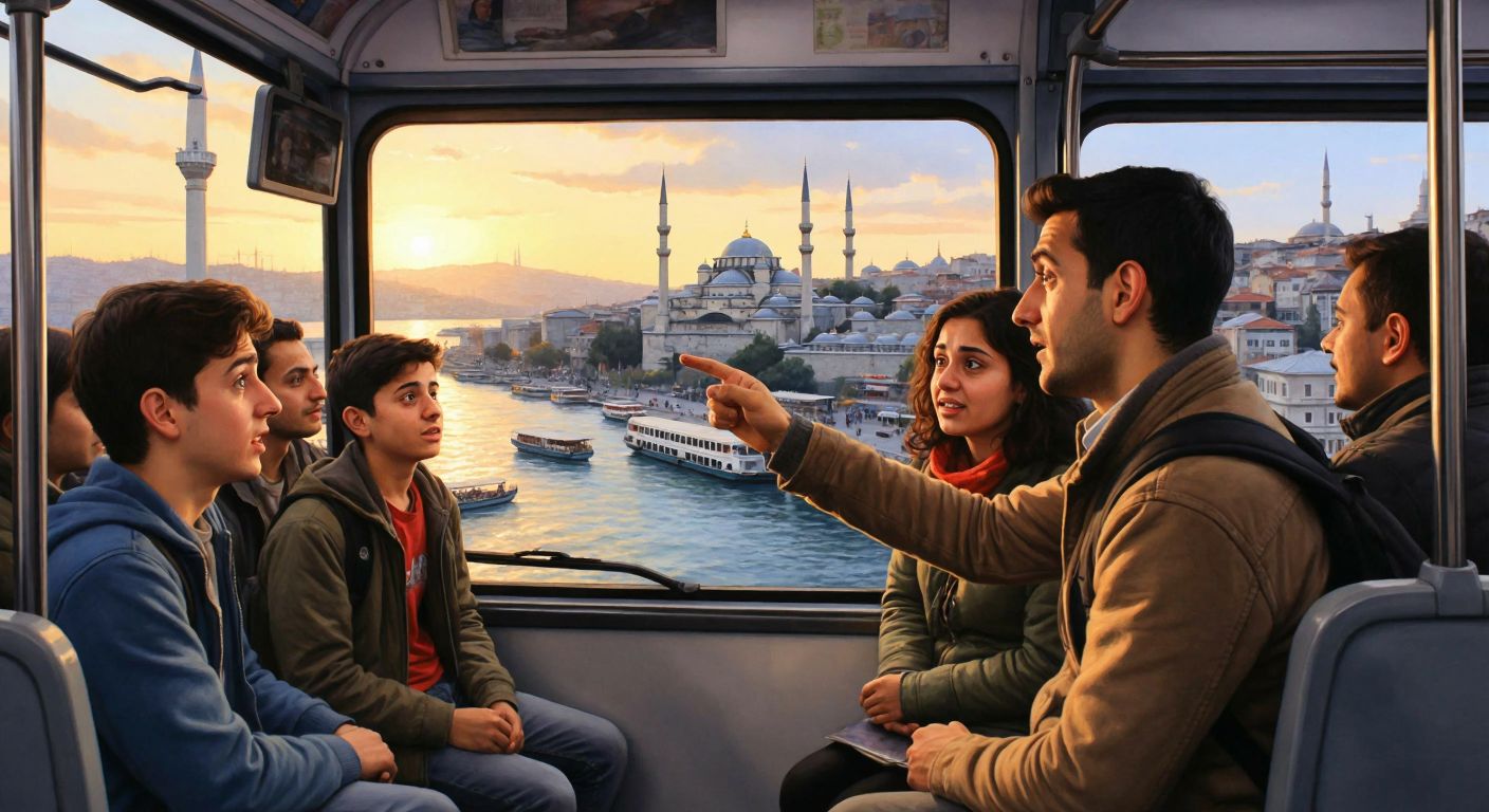 A crowded Istanbul bus with a nervous young passenger leaning toward the driver to ask a question, while another passenger points helpfully out the window toward a distant landmark.