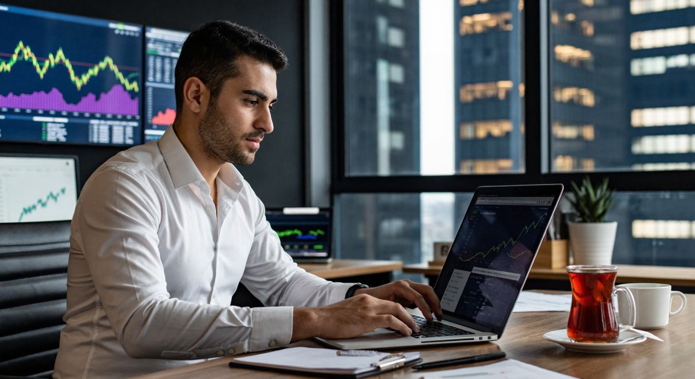 A focused Turkish businessman in a modern office, wearing a crisp white shirt, confidently typing on a laptop with the Osmanlı Yatırım website displayed on the screen, surrounded by financial charts and a steaming cup of Turkish tea.