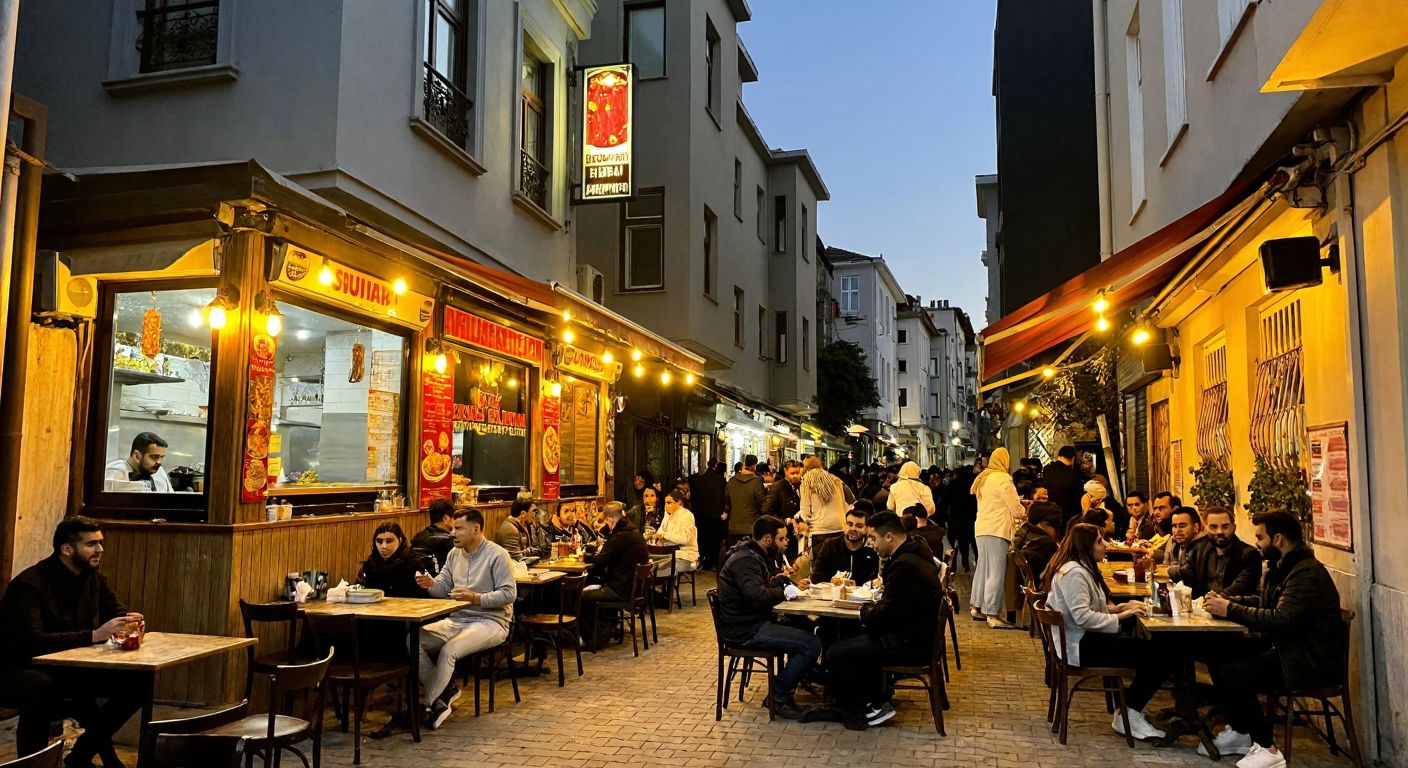 A bustling street in Istanbul's Eyüpsultan district, with a small eatery serving sizzling *zurna dürüm* wraps, surrounded by locals chatting and enjoying the savory aroma under warm golden lights.