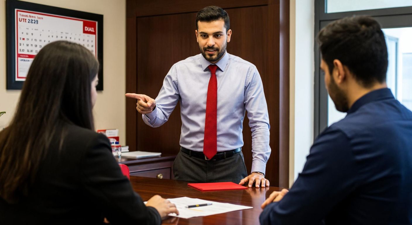 A Turkish bank employee in a formal blue shirt points at a calendar with the last day of the month circled in red, while a customer nods in understanding across a polished wooden desk.
