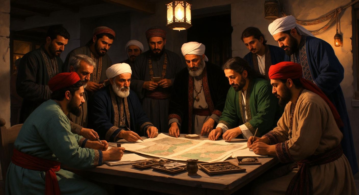A diverse group of people in traditional Turkish clothing gathered around a table with artifacts, maps, and notebooks, engaged in deep conversation while examining cultural objects under warm lantern light.